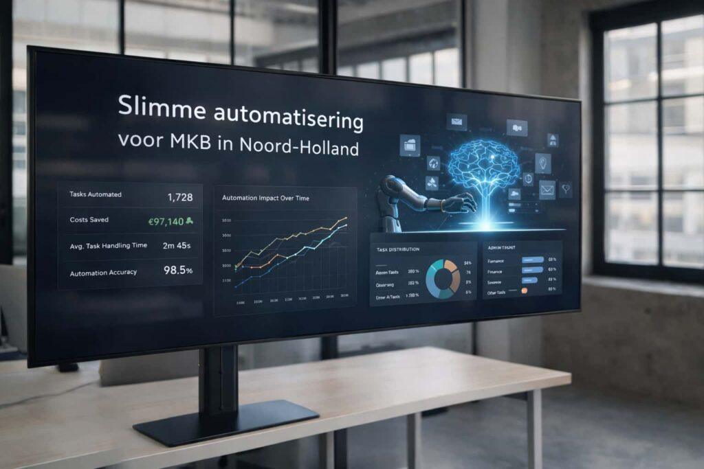 Dashboard met AI-gestuurde slimme automatisering voor MKB in Noord-Holland op groot 4K scherm in modern kantoor.